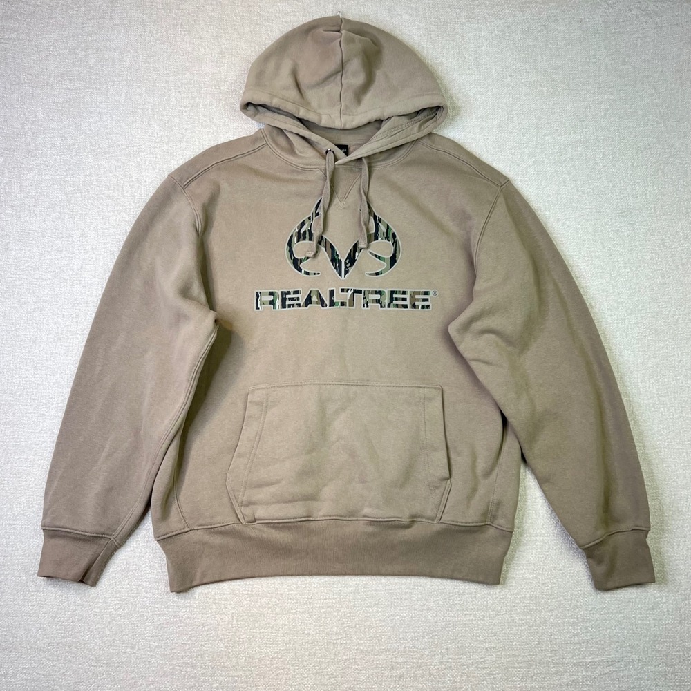 Realtree Mens Large Tan Camo Logo Graphic Fleece Pullover Hoodie Sweatshirt